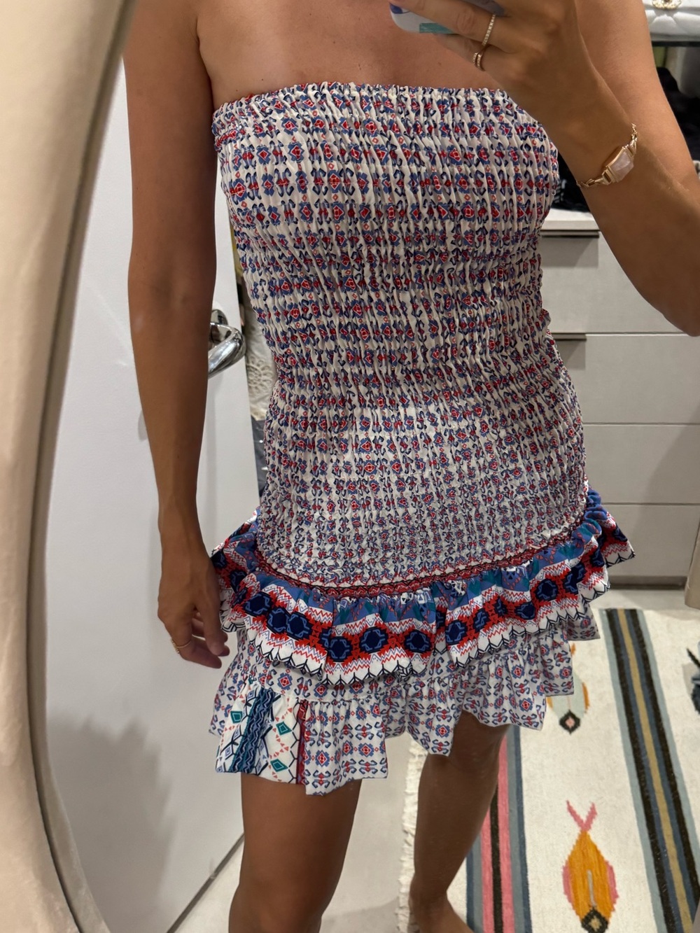 Smocked Strapless Mini Dress in White with Red & Blue Print
